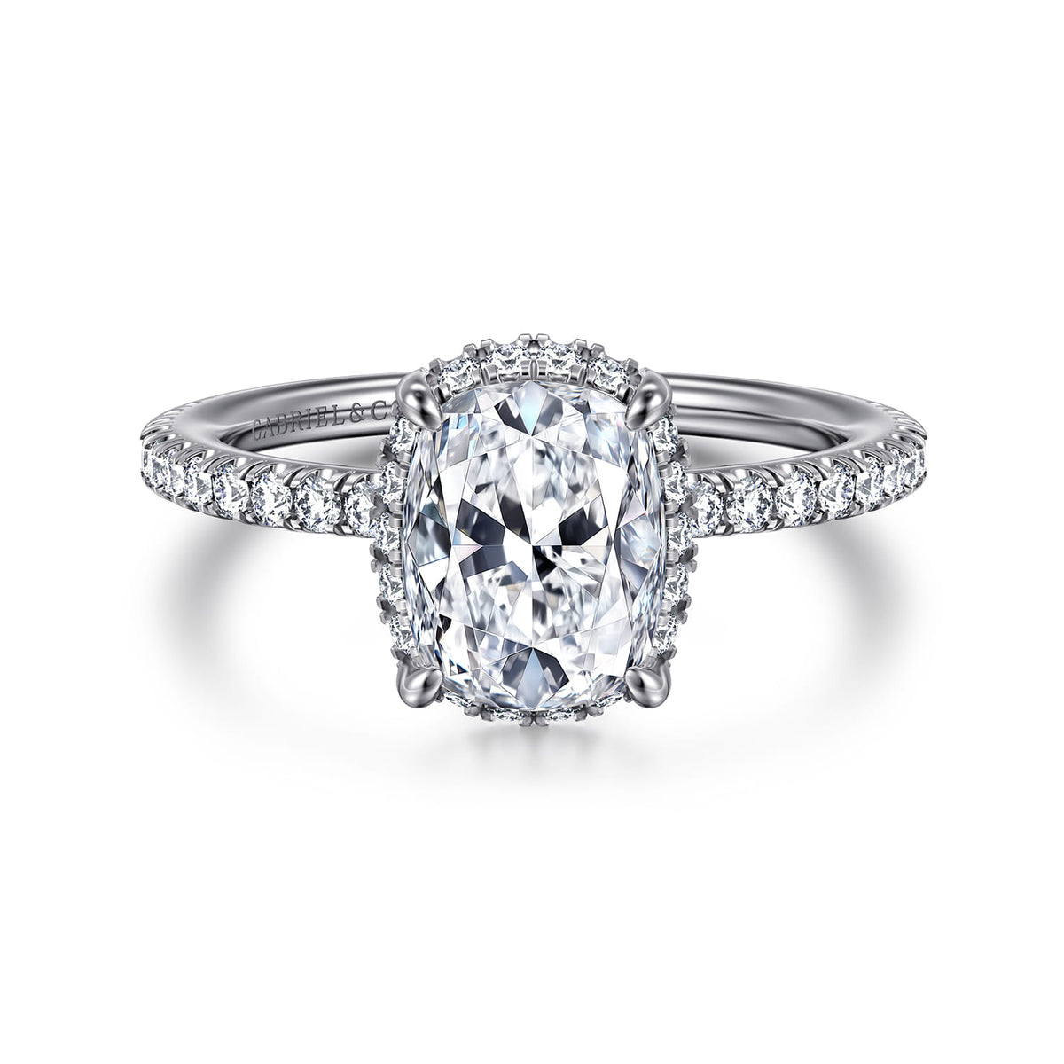 14K White Gold Elongated Cushion Hidden Halo Diamond Engagement Ring — Gabriel & Co. ER14719G8W44JJ; center stone shown for illustration, not included