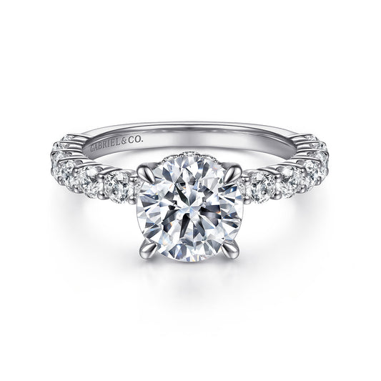 14K White Gold Round Diamond Engagement Ring — Gabriel & Co. ER14893R8W44JJ; center stone shown for illustration, not included