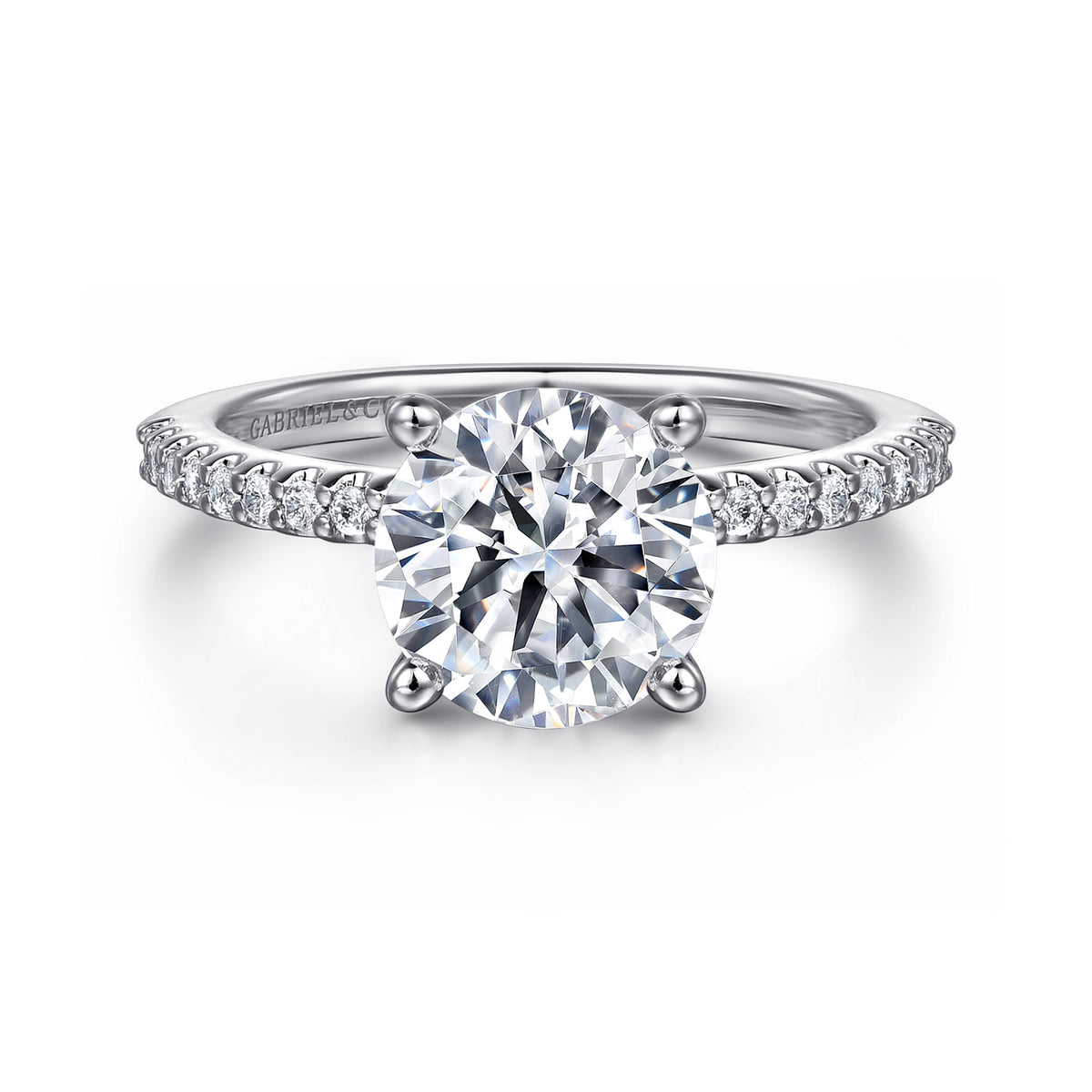 14K White Gold Round Diamond Engagement Ring — Gabriel & Co. ER14918R8W44JJ; center stone shown for illustration, not included