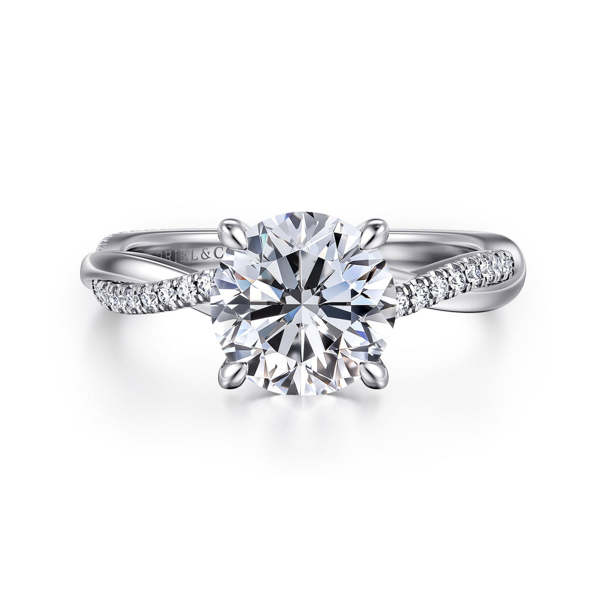 14K White Gold Round Diamond Engagement Ring — Gabriel & Co. ER14922R8W44JJ; center stone shown for illustration, not included
