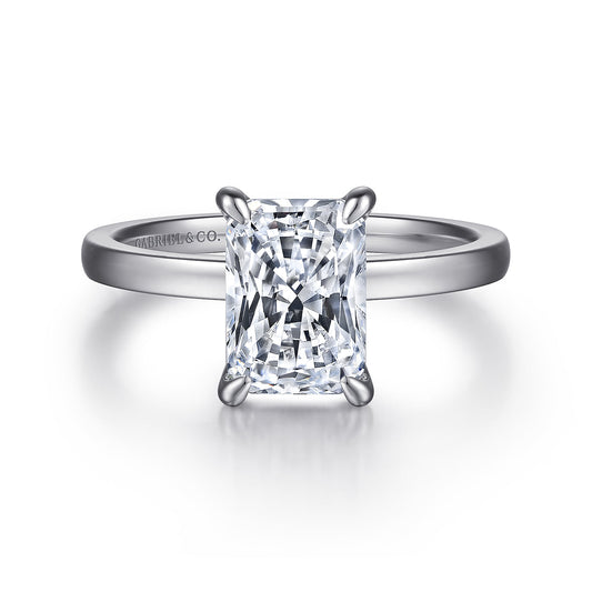 14K White Gold Rectangular Radiant Cut Diamond Engagement Ring — Gabriel & Co. ER14982N8W4JJJ; center stone shown for illustration, not included