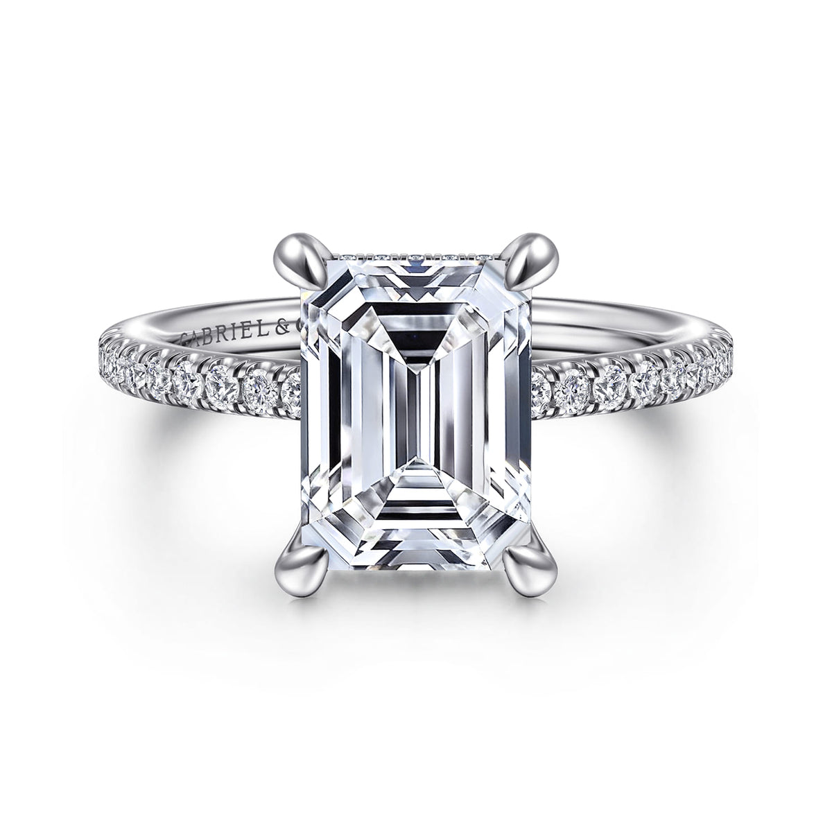 Platinum Emerald Cut Diamond Engagement Ring — Gabriel & Co. ER14987E12PT4JJ; center stone shown for illustration, not included