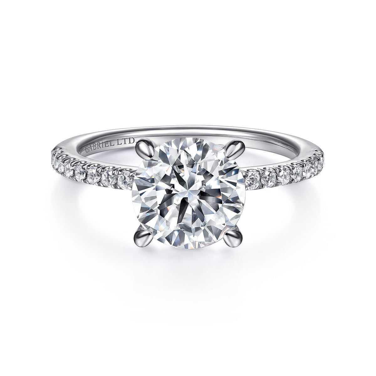 Platinum Round Diamond Engagement Ring — Gabriel & Co. ER14987R8PT4JJ; center stone shown for illustration, not included