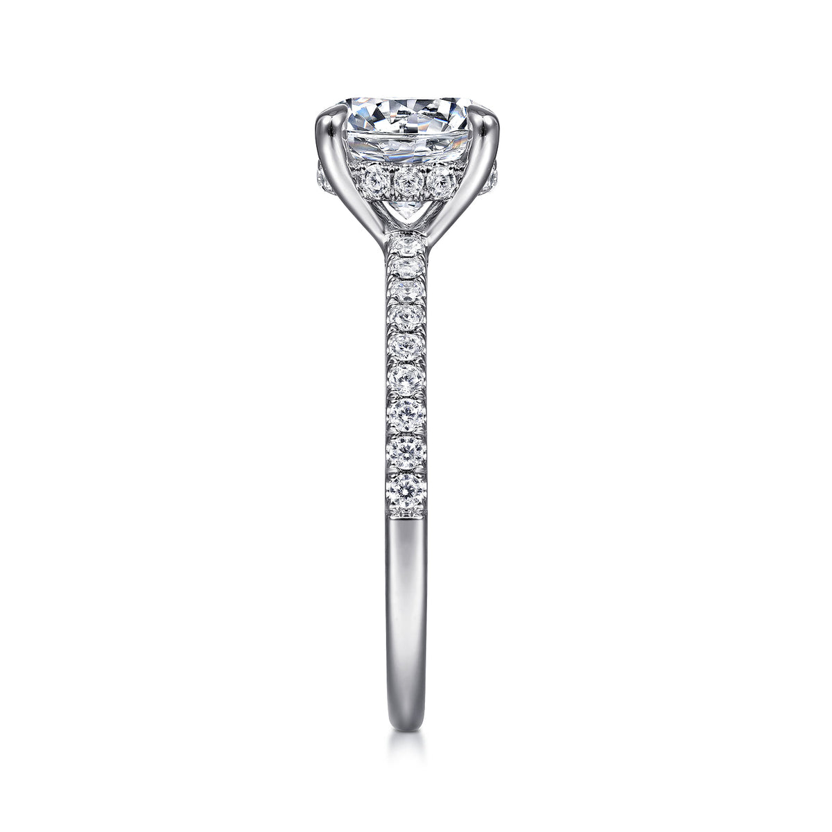 14K White Gold Round Diamond Engagement Ring — Gabriel & Co. ER14987R8W44JJ; center stone shown for illustration, not included