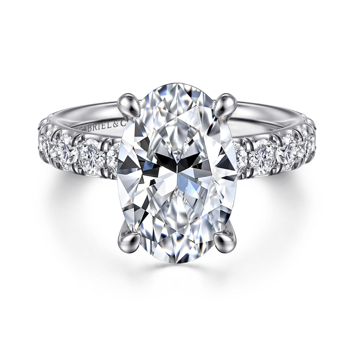 14K White Gold Oval Diamond Engagement Ring — Gabriel & Co. ER14989O16W44JJ; center stone shown for illustration, not included