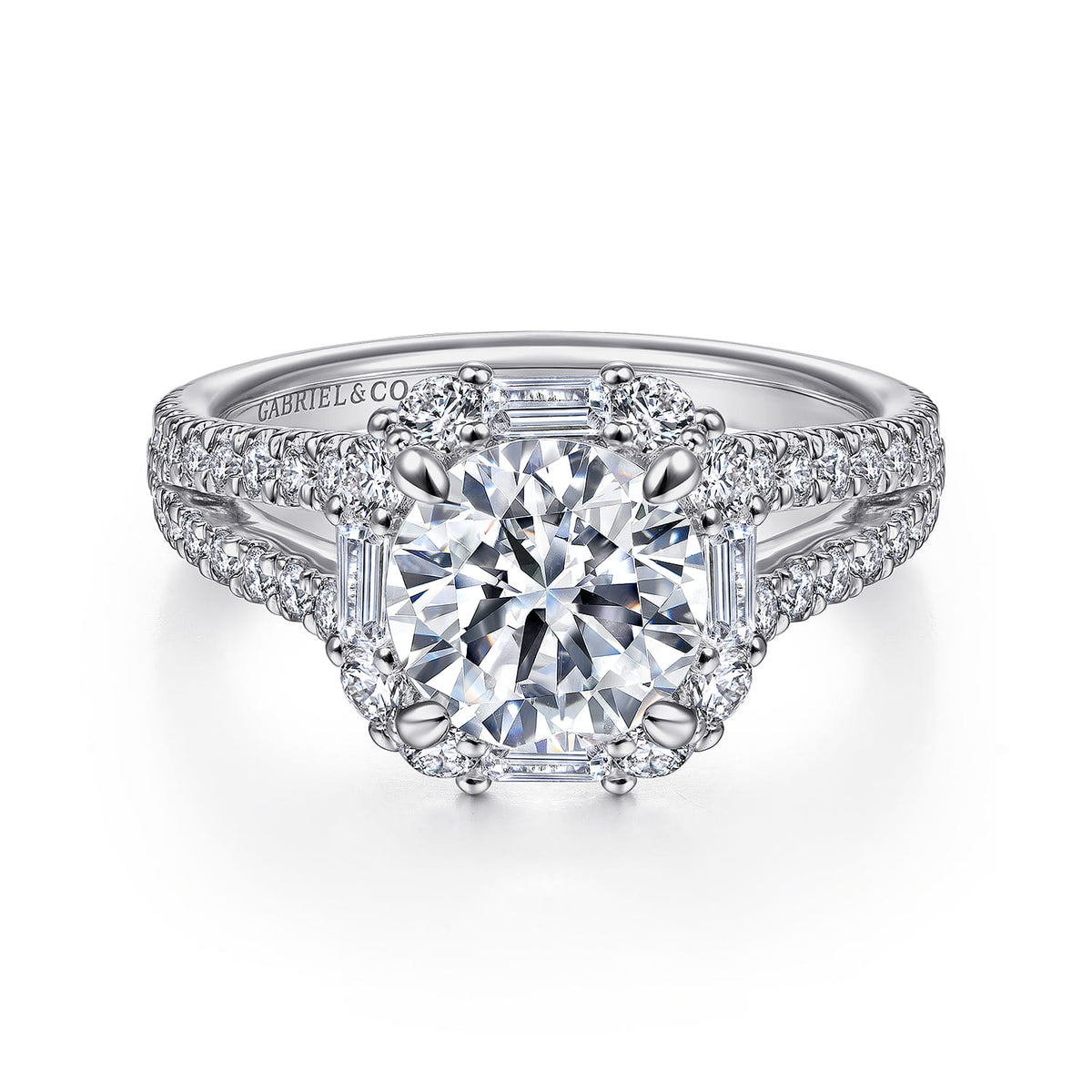 14K White Gold Cushion Halo Round Diamond Engagement Ring — Gabriel & Co. ER15030R6W44JJ; center stone shown for illustration, not included