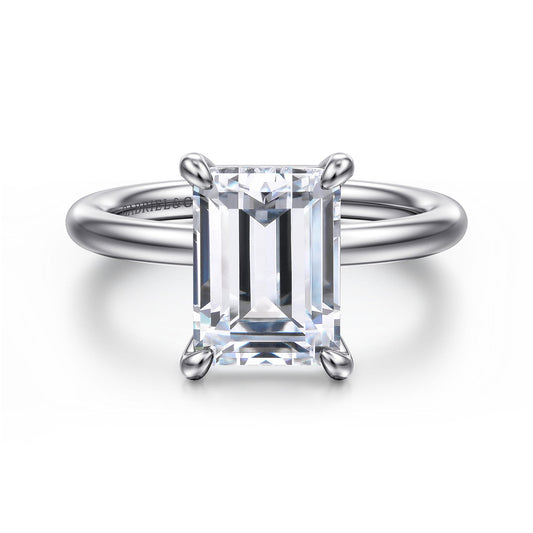 Platinum Emerald Cut Solitaire Engagement Ring — Gabriel & Co. ER15619E12PTJJJ; center stone shown for illustration, not included