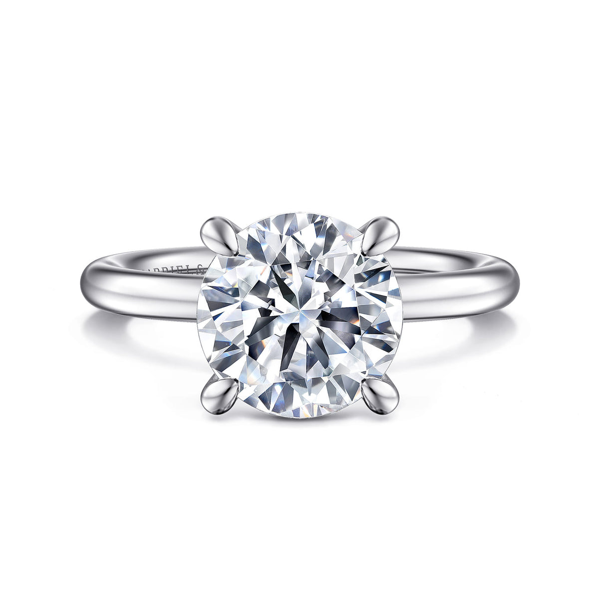 Platinum Round Solitaire Engagement Ring — Gabriel & Co. ER15619R12PTJJJ; center stone shown for illustration, not included