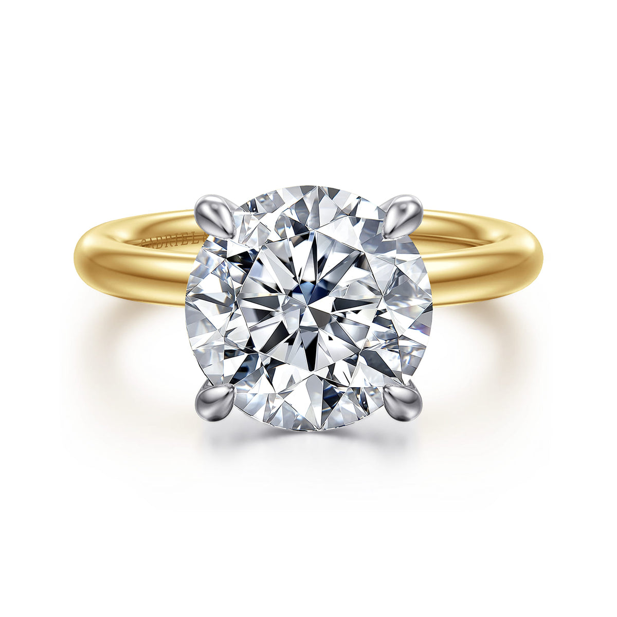 14K White-Yellow Gold Round Solitaire Diamond Engagement Ring — Gabriel & Co. ER15619R16M4JJJ; center stone shown for illustration, not included
