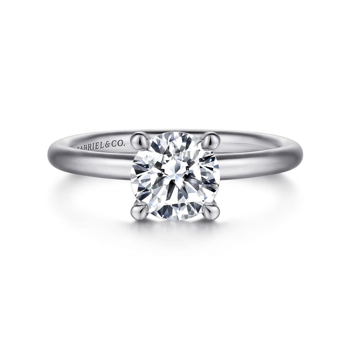 Platinum Round Solitaire Engagement Ring — Gabriel & Co. ER15619R4PTJJJ; center stone shown for illustration, not included