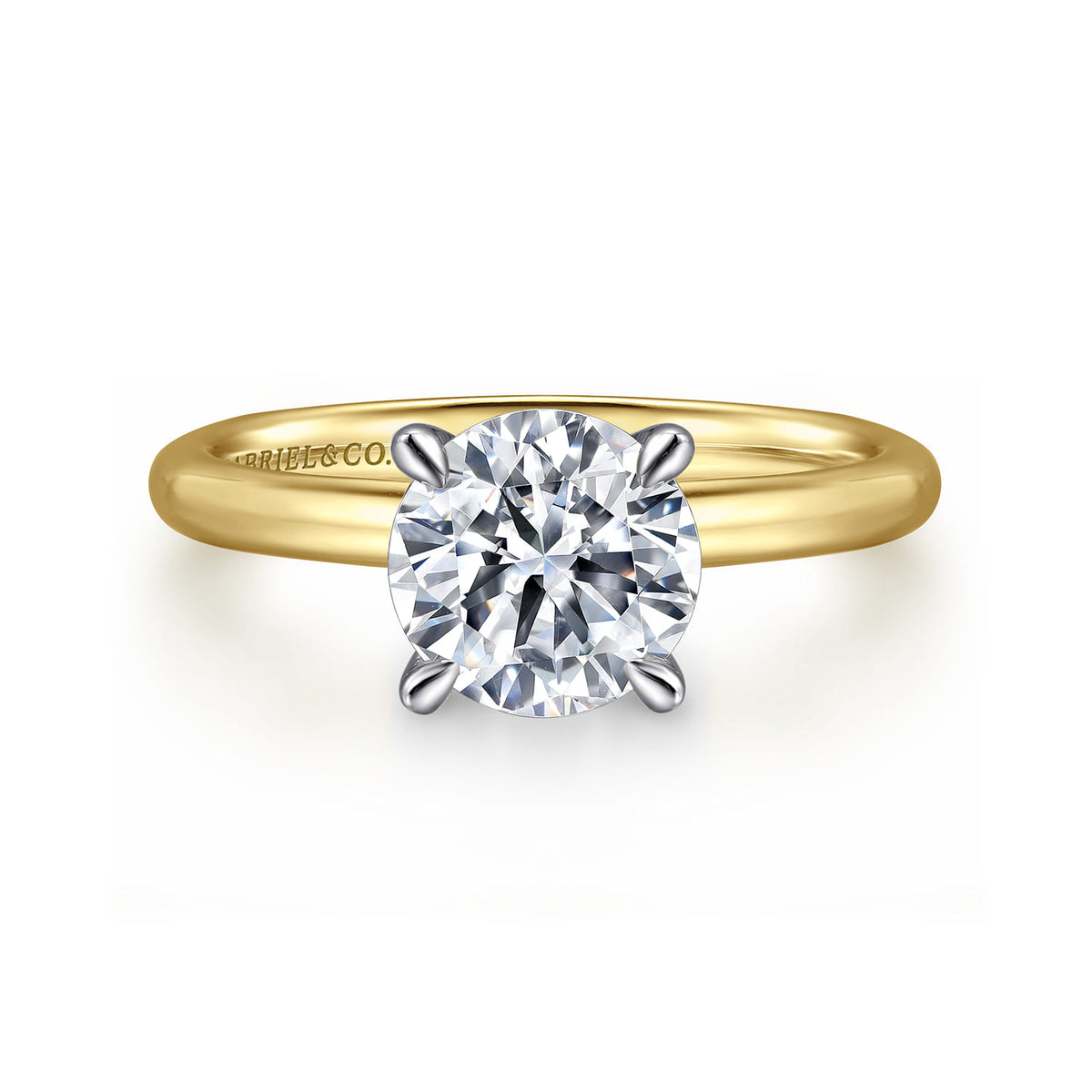 14K White-Yellow Gold Round Solitaire Diamond Engagement Ring — Gabriel & Co. ER15619R8M4JJJ; center stone shown for illustration, not included