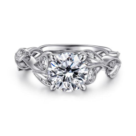 14K White Gold Floral Round Diamond Engagement Ring — Gabriel & Co. ER15626R6W44JJ; center stone shown for illustration, not included