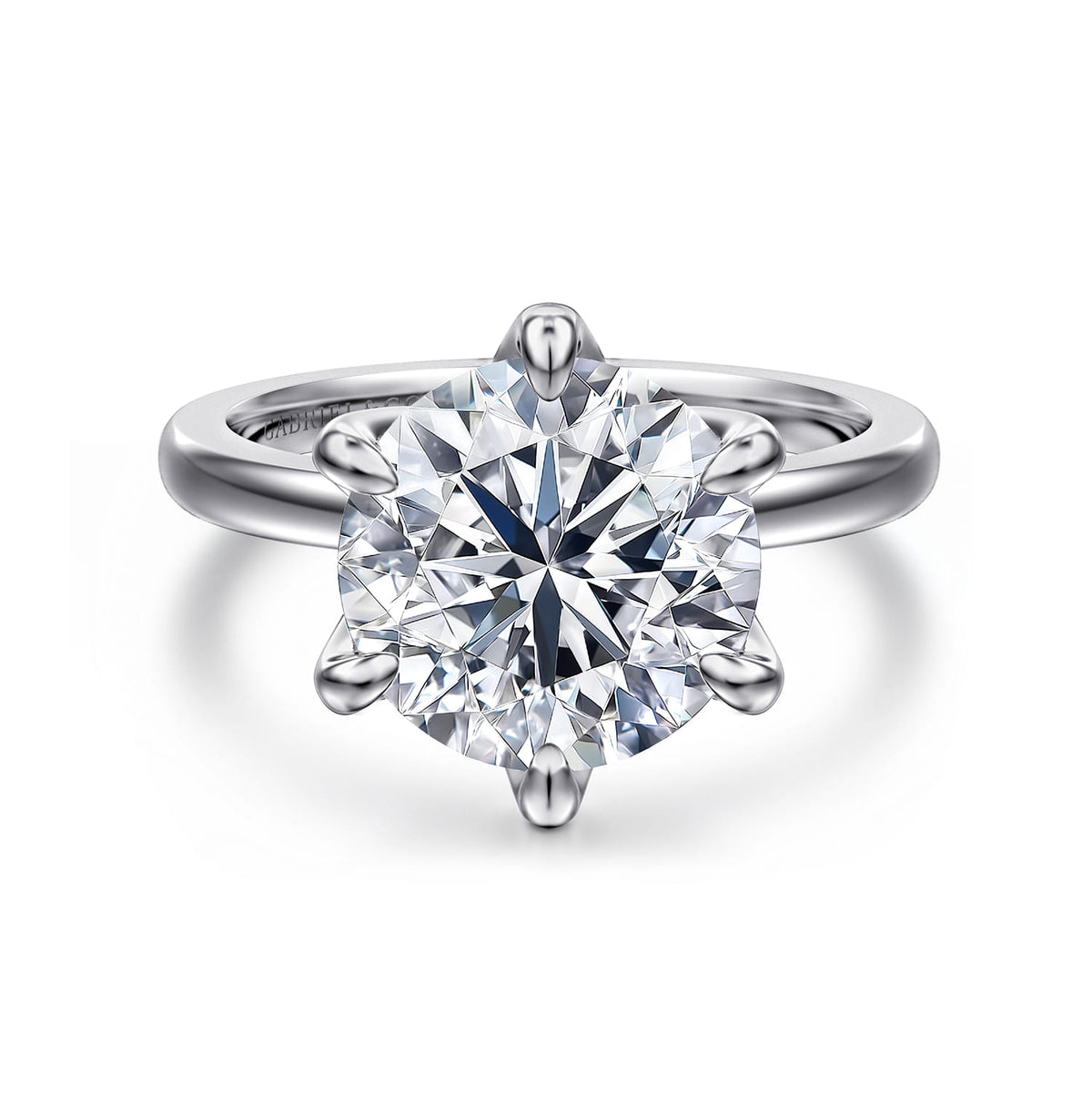 14K White Gold Round Solitaire Engagement Ring — Gabriel & Co. ER15702R16W4JJJ; center stone shown for illustration, not included