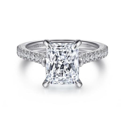 14K White Gold Rectangular Radiant Cut Diamond Engagement Ring — ER15727N11W44JJ; center stone shown for illustration, not included