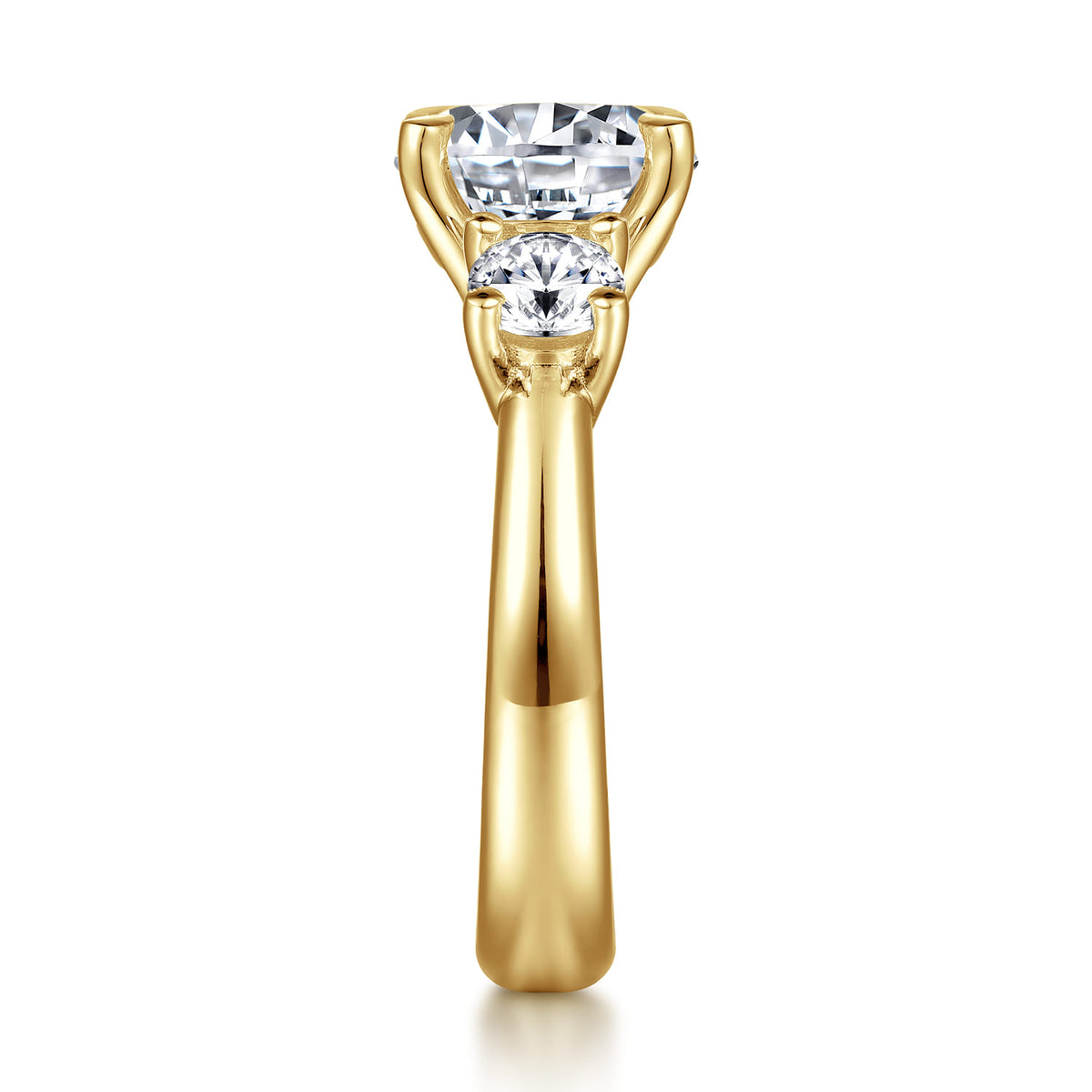 14K Yellow Gold Round Three Stone Diamond Engagement Ring — Gabriel & Co. ER15820R12Y44JJ; center stone shown for illustration, not included