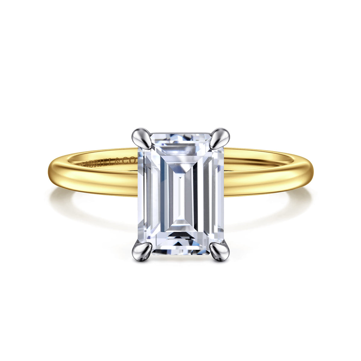 14K White-Yellow Gold Emerald Cut Solitaire Diamond Engagement Ring — Gabriel & Co. ER15960E8M4JJJ; center stone shown for illustration, not included