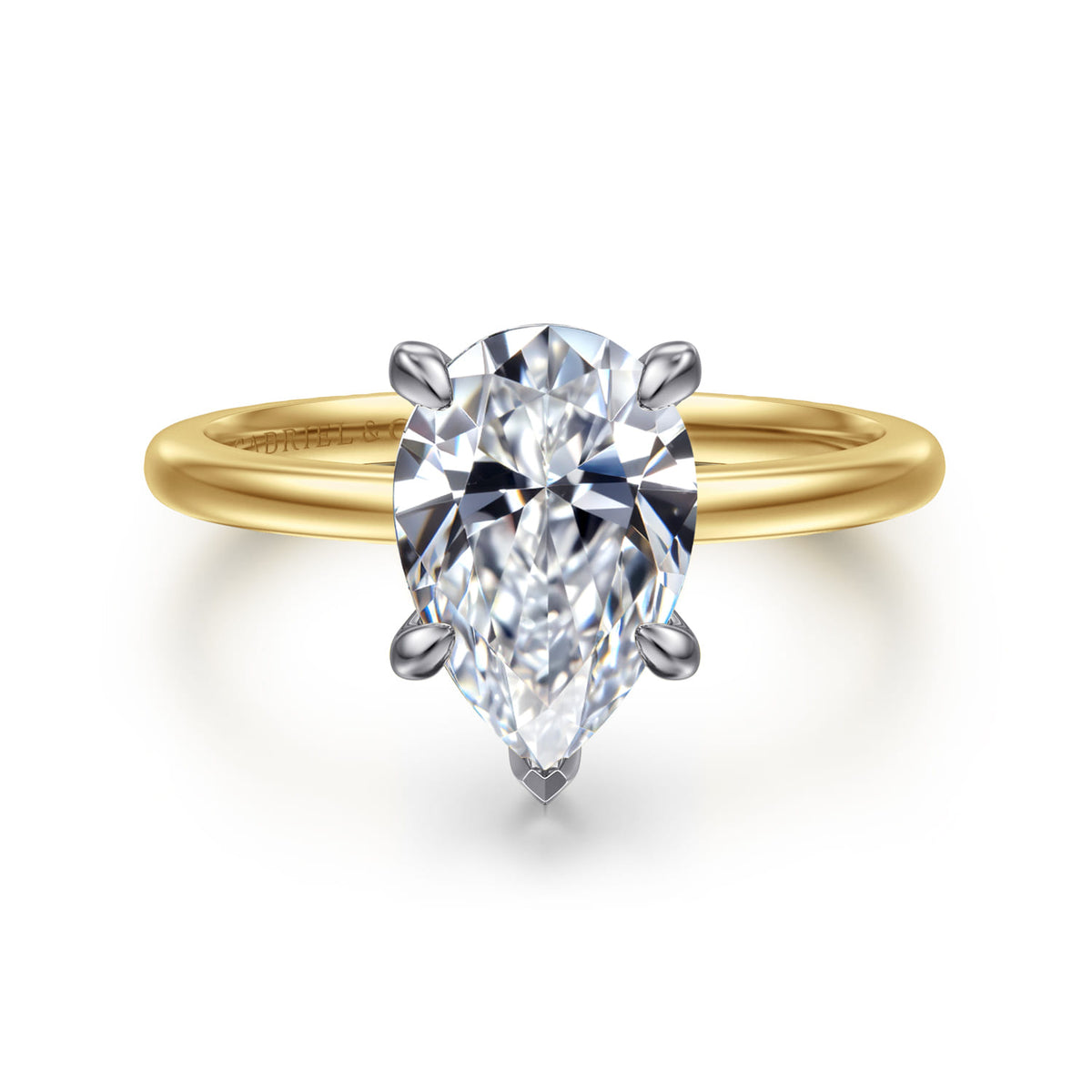 14K White-Yellow Gold Pear Shape Solitaire Diamond Engagement Ring — Gabriel & Co. ER15960P8M4JJJ; center stone shown for illustration, not included