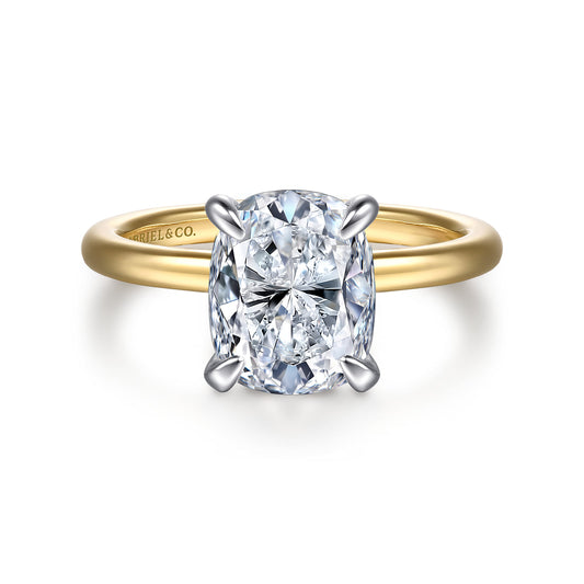 14K White-Yellow Gold Elongated Cushion Diamond Engagement Ring — Gabriel & Co. ER15972G10M44JJ; center stone shown for illustration, not included