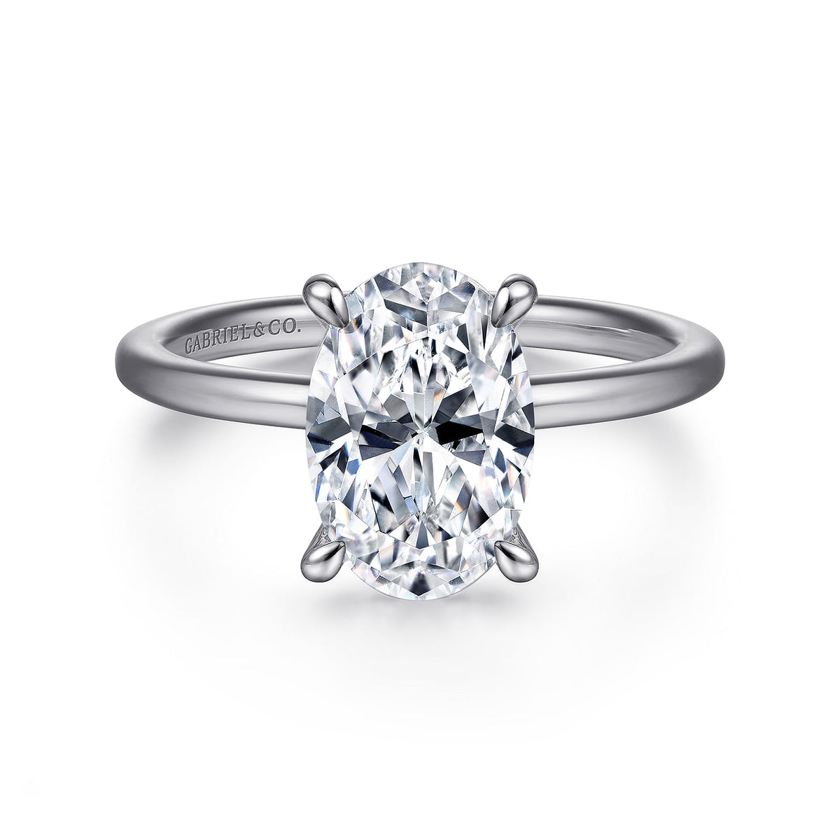 14K White Gold Oval Diamond Engagement Ring — Gabriel & Co. ER15972O8W44JJ; center stone shown for illustration, not included