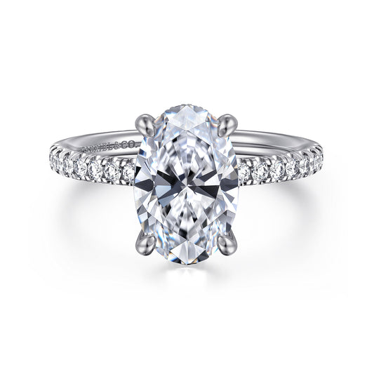 14K White Gold Oval Cut Diamond Engagement Ring — Gabriel & Co. ER16059O10W44JJ; center stone shown for illustration, not included