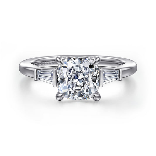 14K White Gold Cushion Cut Three Stone Diamond Engagement Ring — ER16121C8W43JJ; center stone shown for illustration, not included