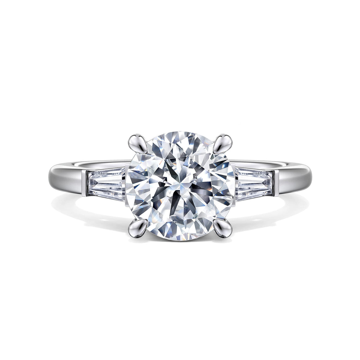 14K White Gold Round Three Stone Diamond Engagement Ring — Gabriel & Co. ER16121R8W43JJ; center stone shown for illustration, not included