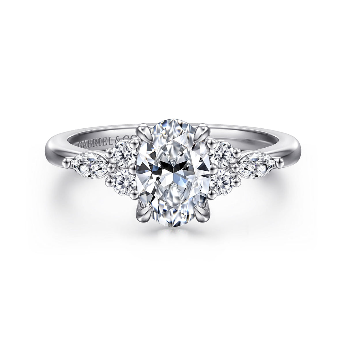 Platinum Oval Diamond Cluster Engagement Ring — Gabriel & Co. ER16125O4PT4JJ; center stone shown for illustration, not included