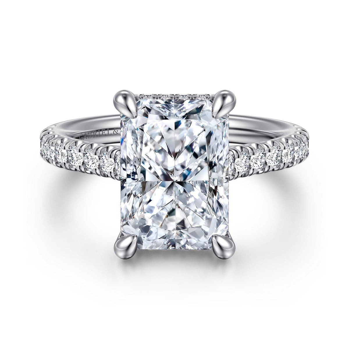 14K White Gold Radiant Cut Diamond Engagement Ring — Gabriel & Co. ER16131N18W44JJ; center stone shown for illustration, not included