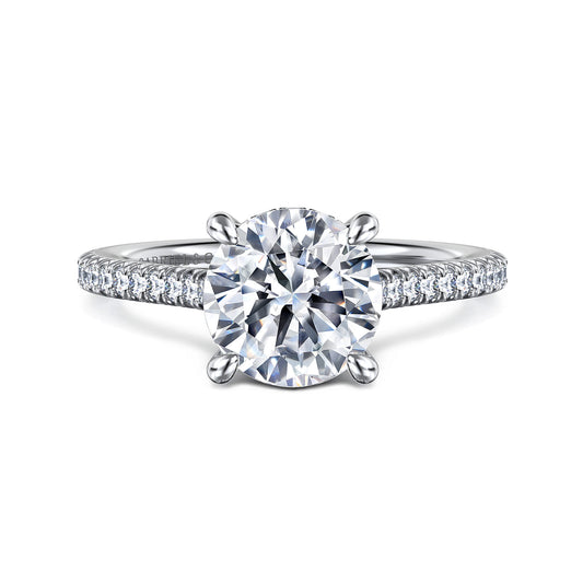 14K White Gold Round Diamond Engagement Ring — Gabriel & Co. ER16131R8W44JJ; center stone shown for illustration, not included
