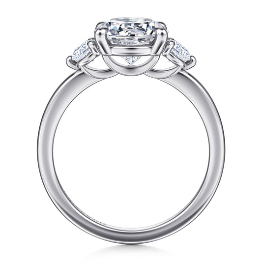 14K White Gold Round Three Stone Diamond Engagement Ring — Gabriel & Co. ER16136R8W44JJ; center stone shown for illustration, not included