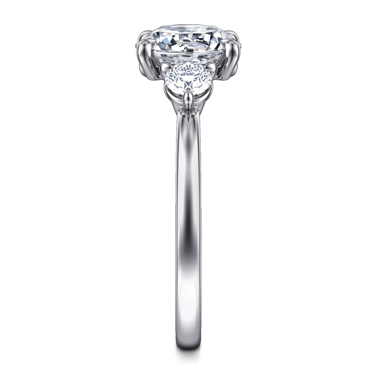 14K White Gold Round Three Stone Diamond Engagement Ring — Gabriel & Co. ER16136R8W44JJ; center stone shown for illustration, not included
