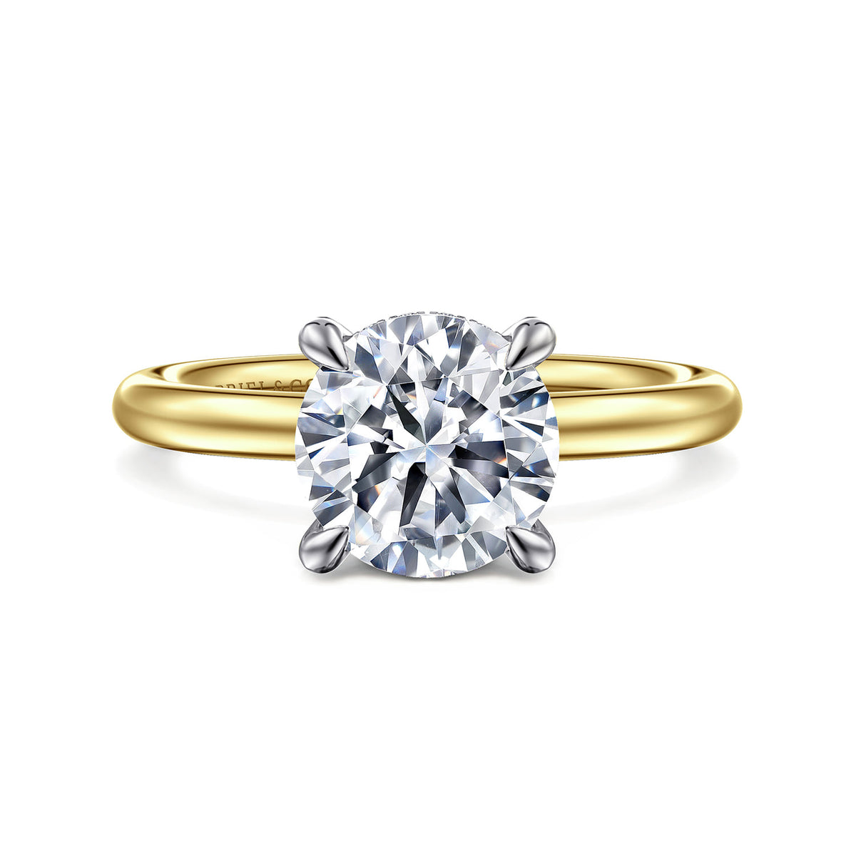 14K White and Yellow Gold Round Solitaire Diamond Engagement Ring — Gabriel & Co. ER16138R8M44JJ; center stone shown for illustration, not included