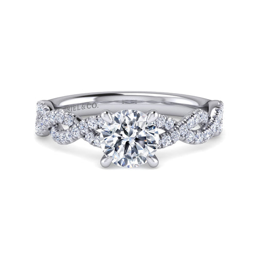 14K White Gold Twisted Round Diamond Engagement Ring — ER16142R4W44JJ; center stone shown for illustration, not included