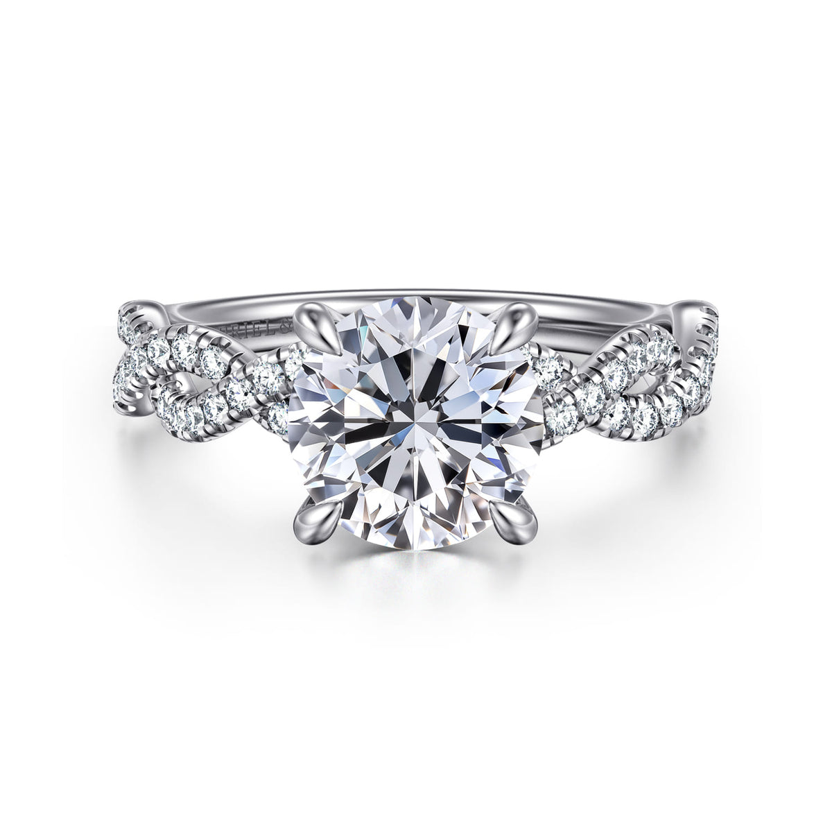 14K White Gold Twisted Round Diamond Engagement Ring — Gabriel & Co. ER16142R8W44JJ; center stone shown for illustration, not included