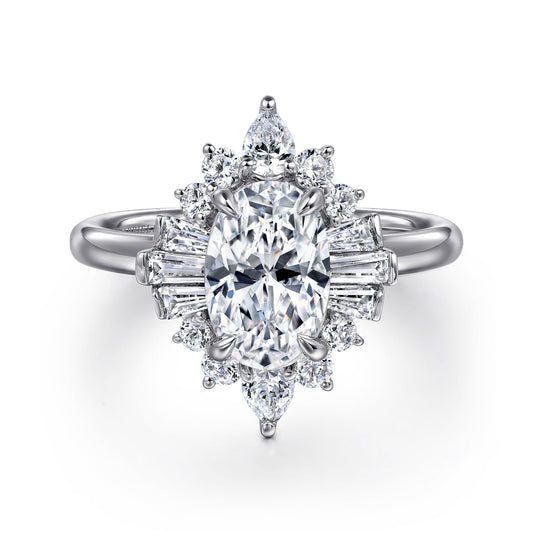 14K White Gold Oval Halo Diamond Engagement Ring — Gabriel & Co. ER16185O6W44JJ; center stone shown for illustration, not included