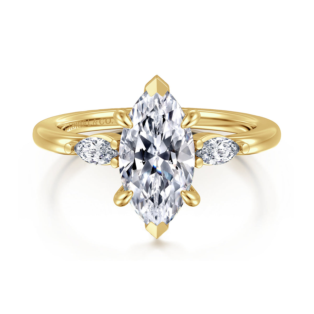 14K Yellow Gold Marquise Shape Three Stone Diamond Engagement Ring — Gabriel & Co. ER16198M6Y43JJ; center stone shown for illustration, not included