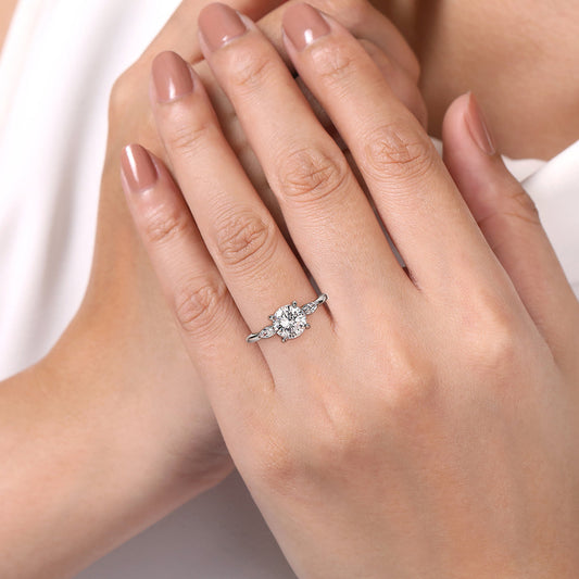 14K White Gold Round Three Stone Diamond Engagement Ring — Gabriel & Co. ER16198R6W43JJ; center stone shown for illustration, not included