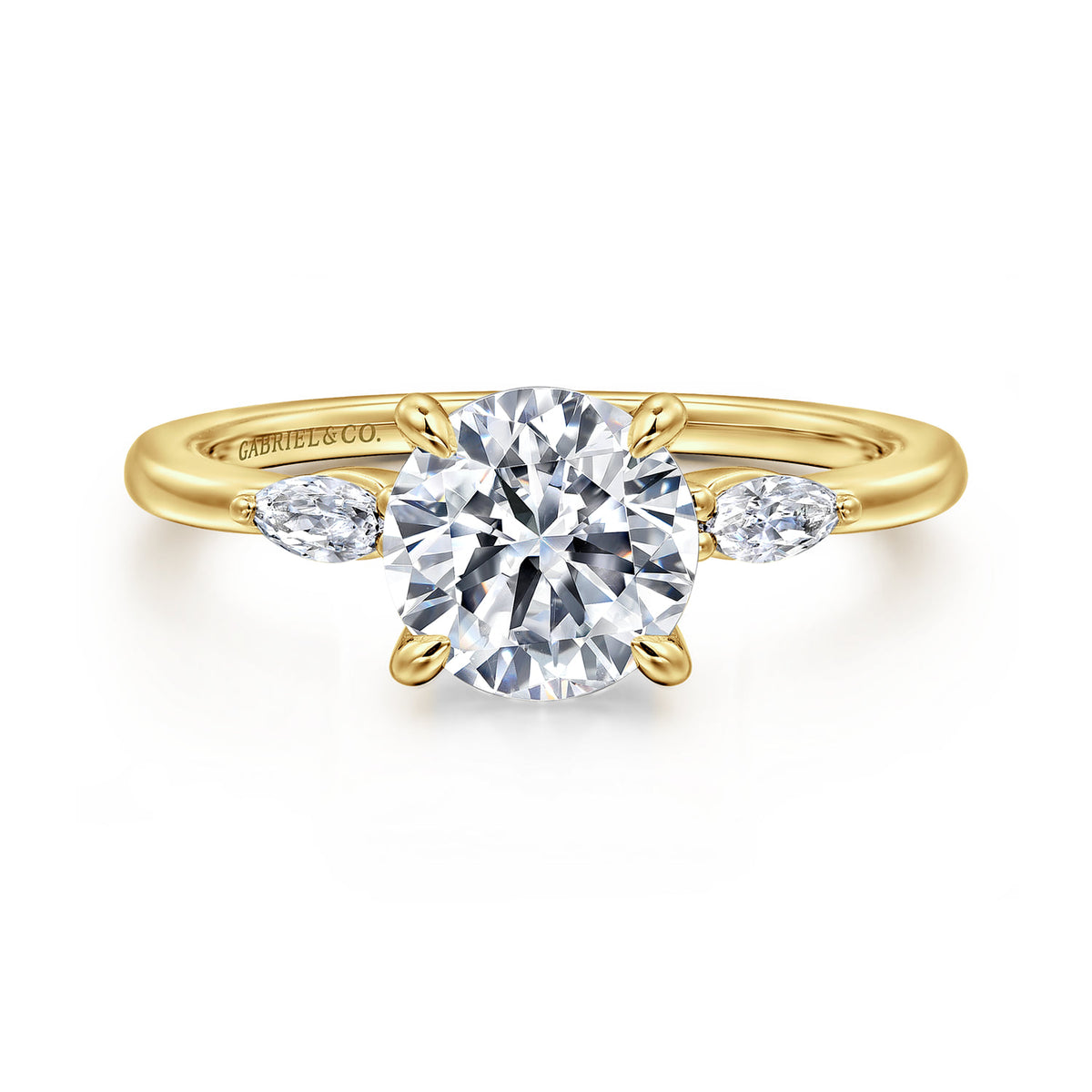 14K Yellow Gold Round Three Stone Diamond Engagement Ring — Gabriel & Co. ER16198R6Y43JJ; center stone shown for illustration, not included