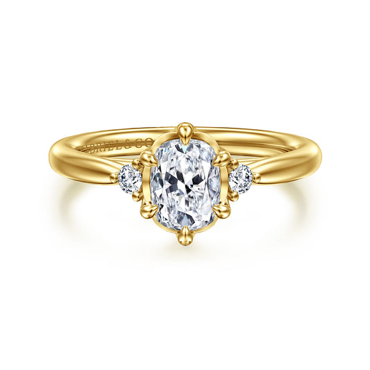 14K Yellow Gold Elongated Cushion Three Stone Diamond Engagement Ring — Gabriel & Co. ER16200G6Y44JJ; center stone shown for illustration, not included