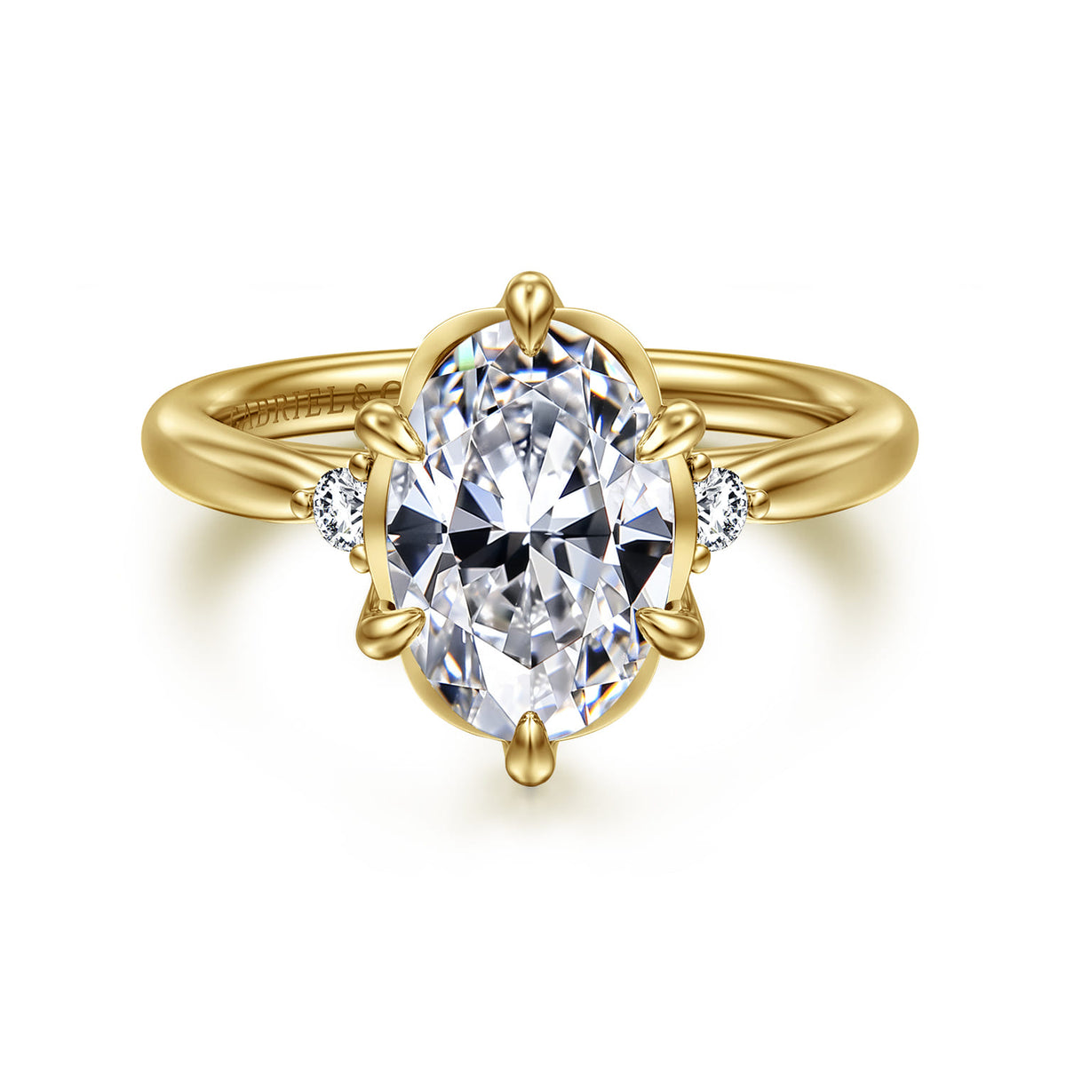 14K Yellow Gold Oval Three Stone Diamond Engagement Ring — Gabriel & Co. ER16200O8Y44JJ; center stone shown for illustration, not included