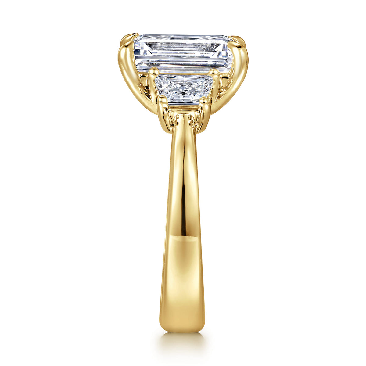 14K Yellow Gold Trapezoid Cut Three Stone Diamond Engagement Ring — Gabriel & Co. ER16220E12Y43JJ; center stone shown for illustration, not included