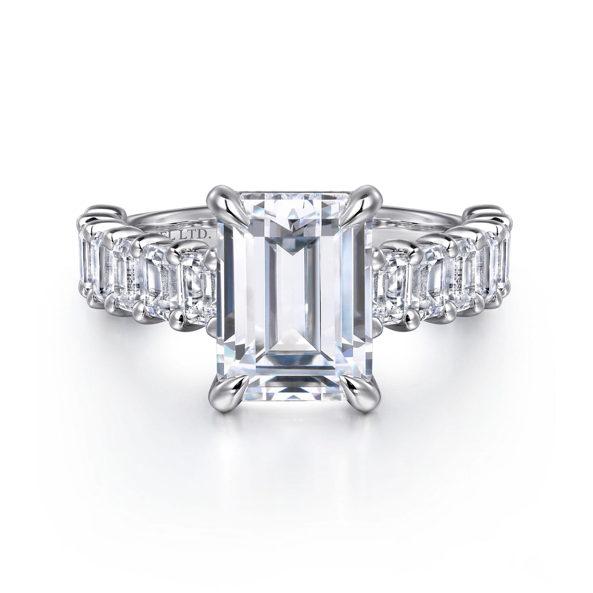 14K White Gold Emerald Cut Diamond Engagement Ring — Gabriel & Co. ER16221E12W43JJ; center stone shown for illustration, not included