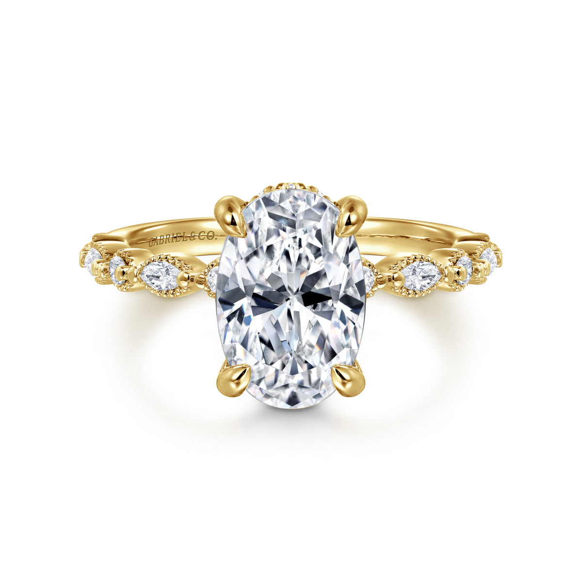 14K Yellow Gold Oval Diamond Engagement Ring — Gabriel & Co. ER16233O8Y44JJ; center stone shown for illustration, not included