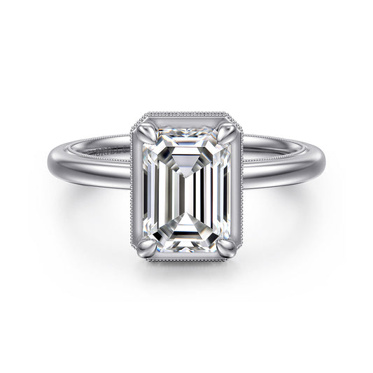 14K White Gold Bezel Prong Emerald Cut Diamond Engagement Ring — Gabriel & Co. ER16238E8W44JJ; center stone shown for illustration, not included