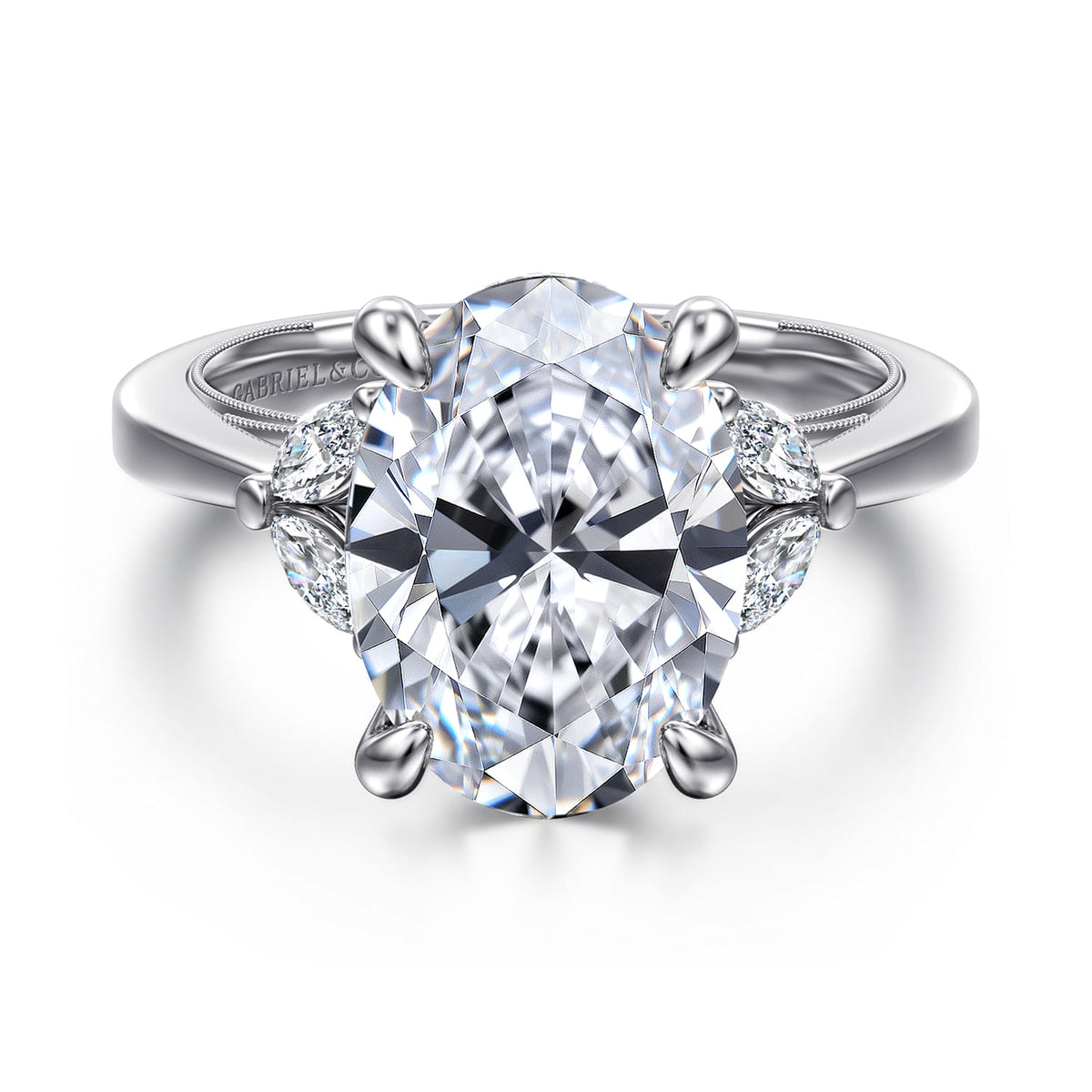 14K White Gold Oval Diamond Engagement Ring — Gabriel & Co. ER16244O18W44JJ; center stone shown for illustration, not included