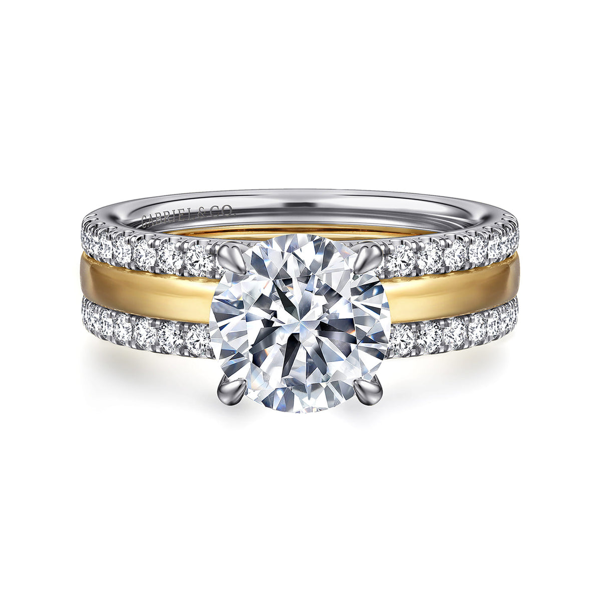 14K White-Yellow Gold Round Diamond Engagement Ring — Gabriel & Co. ER16245R8M44JJ; center stone shown for illustration, not included