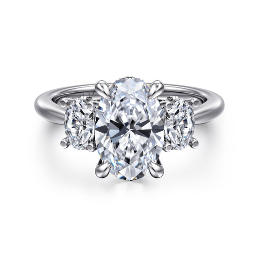 14K White Gold Three Stone Oval Diamond Engagement Ring — Gabriel & Co. ER16285O8W44JJ; center stone shown for illustration, not included