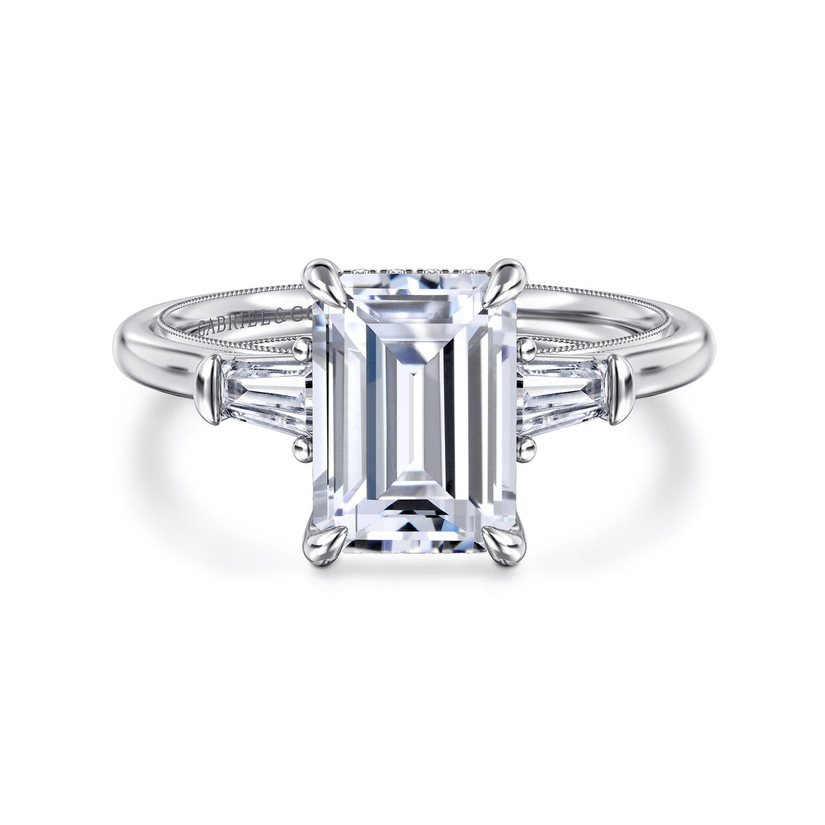 14K White Gold Emerald Cut Three Stone Diamond Engagement Ring — Gabriel & Co. ER16288E10W44JJ; center stone shown for illustration, not included