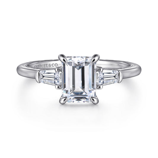 14K White Gold Emerald Cut Three Stone Diamond Engagement Ring — ER16288E6W44JJ; center stone shown for illustration, not included