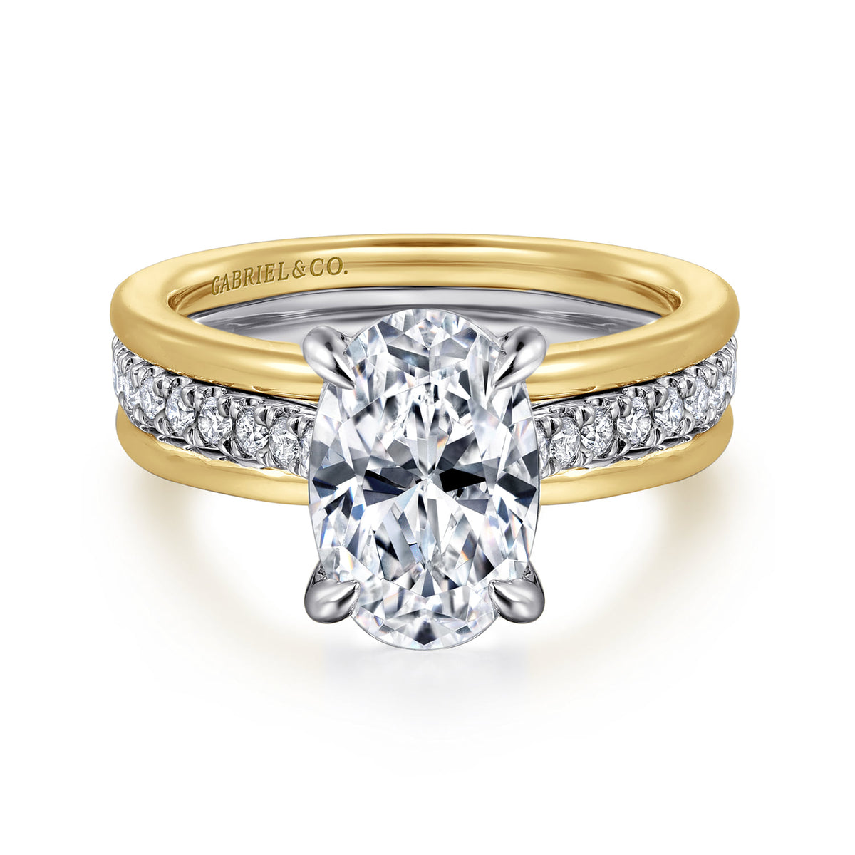 14K Yellow-White Gold Wide Band Oval Diamond Engagement Ring — Gabriel & Co. ER16303O8M44JJ; center stone shown for illustration, not included